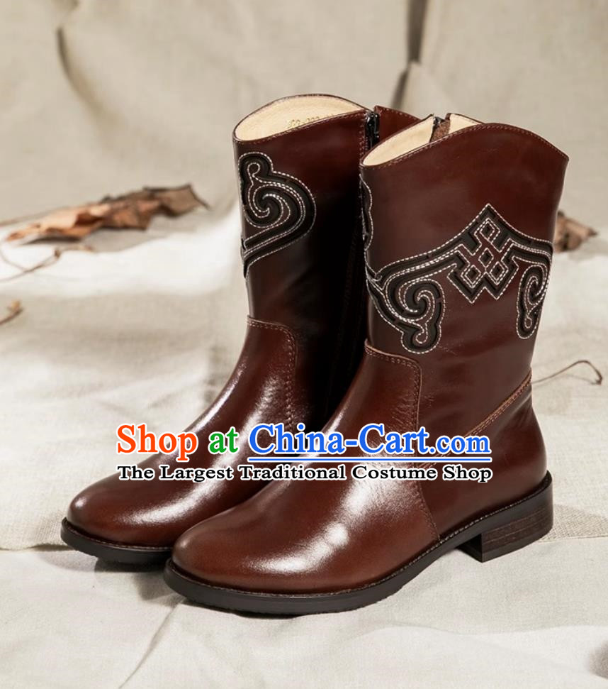 Mongolian Women Pure Leather Dance Performance Test Boots For Ethnic Minorities Medium High Martin Boots High Heels Burgundy