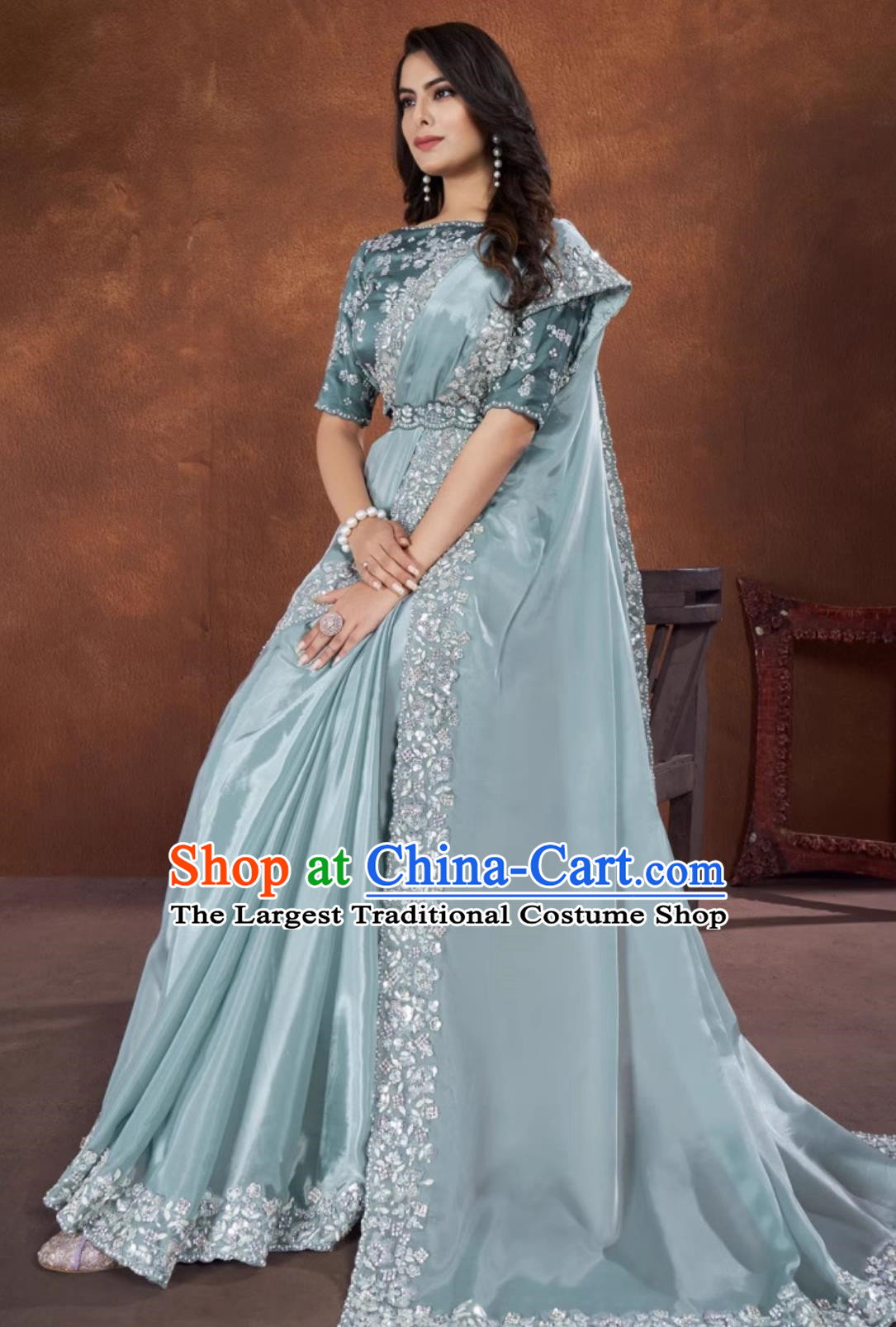 Sky Blue Embroidery With Diamonds National Indian Saree Features Traditional Festival Party Women Wrap Skirt Sari