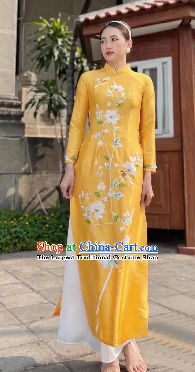 Yellow Embroidered Ao Dai Improved Version Of Cheongsam Etiquette Model Catwalk Costume Stage Performance