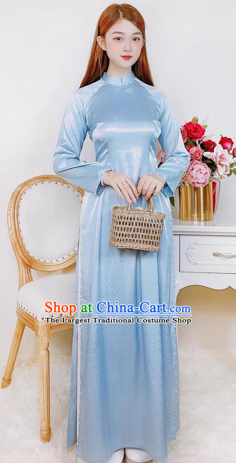 Blue Vietnamese Ao Dai Improved Version Of Cheongsam Stage Costume Performance Costume High Waist Slit Slim Ceremonial Costume Model Catwalk Costume