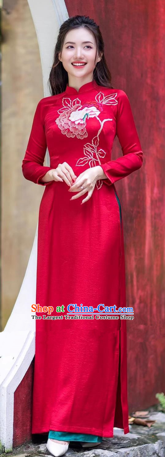 Vietnamese Ao Dai Improved Version Of Cheongsam Stage Costume Embroidered Two Piece Ceremonial Suit Host Costume Catwalk Show