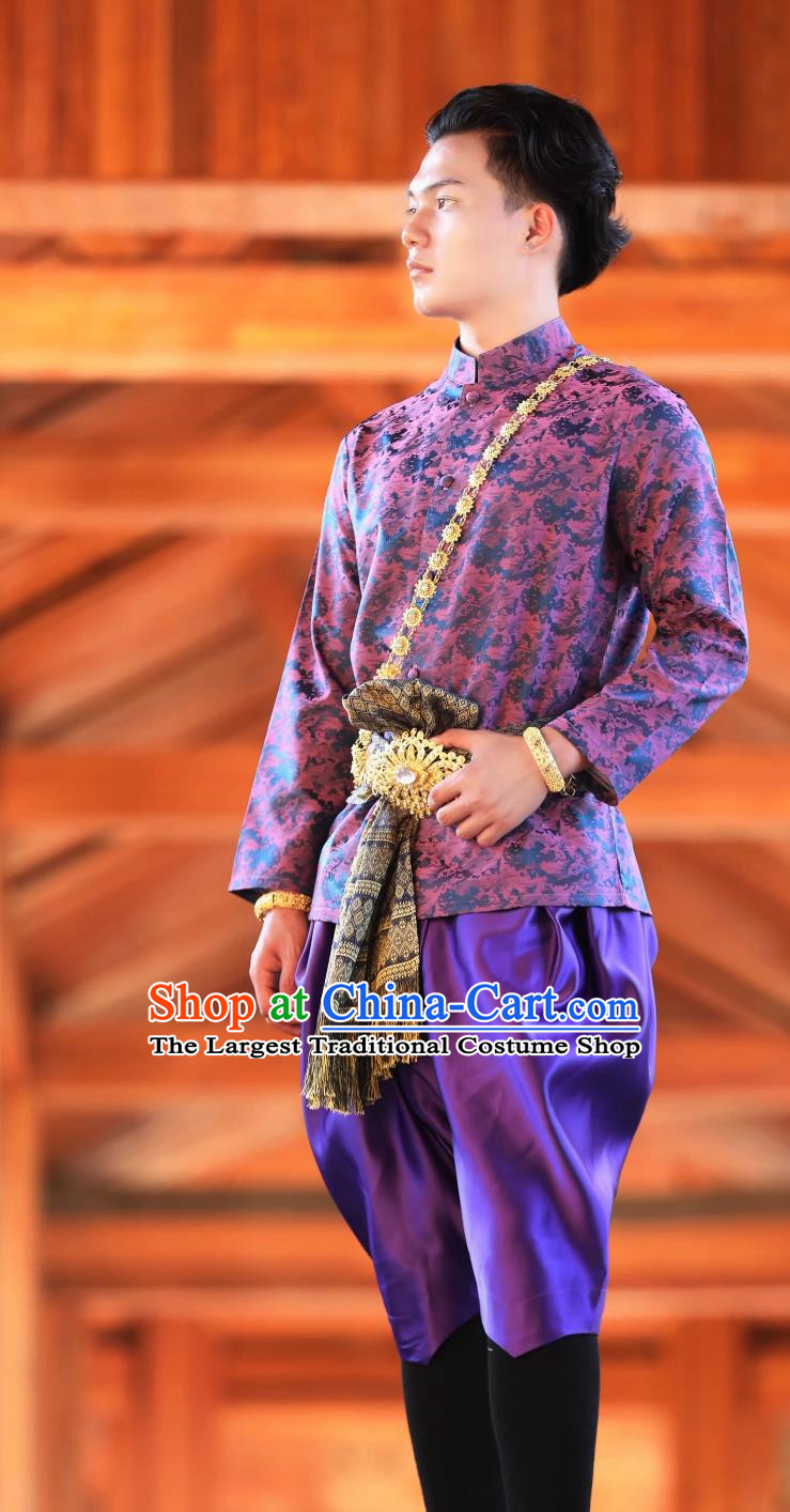 Thai Traditional Men Purple Suit Palace Retro Clothing Welcome Work Clothes