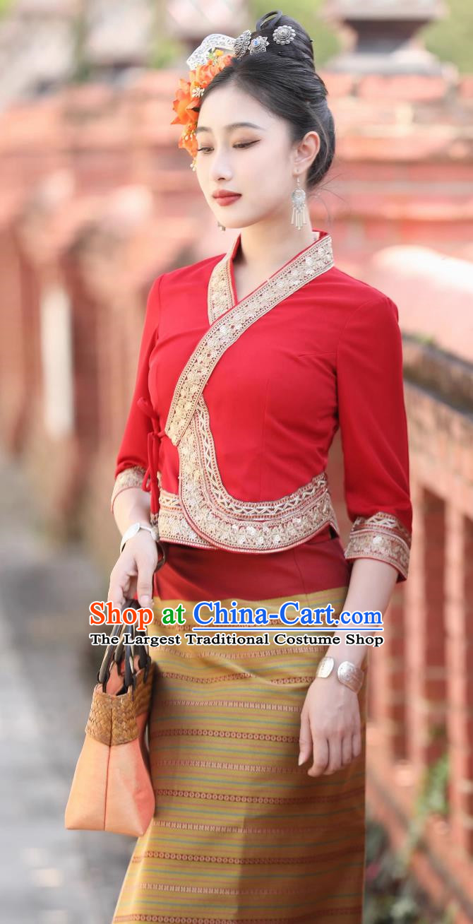 Dai Traditional Clothing Women Red Suit Mid Sleeve Skirt Festival Clothing