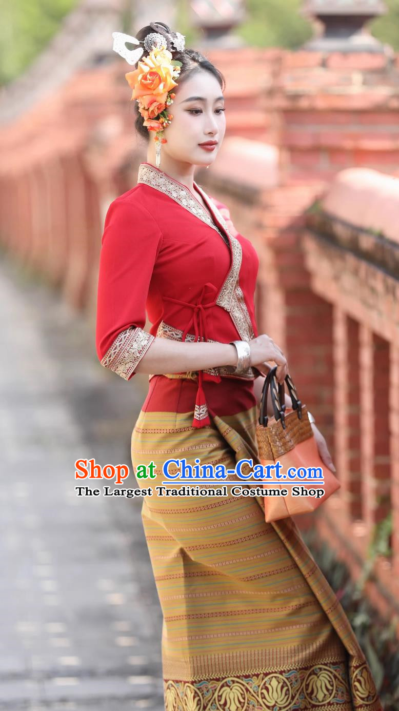 Dai Traditional Clothing Women Red Suit Mid Sleeve Skirt Festival Clothing