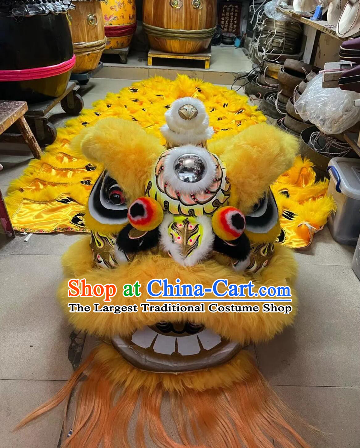 Chinese Celebration Lion Head Professional Dancing Lion Handmade Golden Woolen Fut San Dance Lion Classical Tiger Pattern Costumes Complete Set