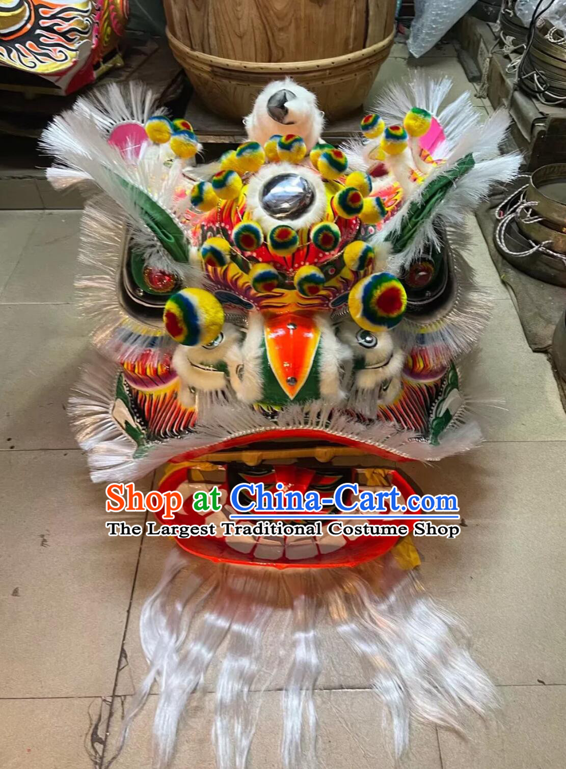 Professional Dancing Lion Handmade White Horsehair Fut San Lion Chinese Traditional Lei Bei Dance Lion Costume Complete Set