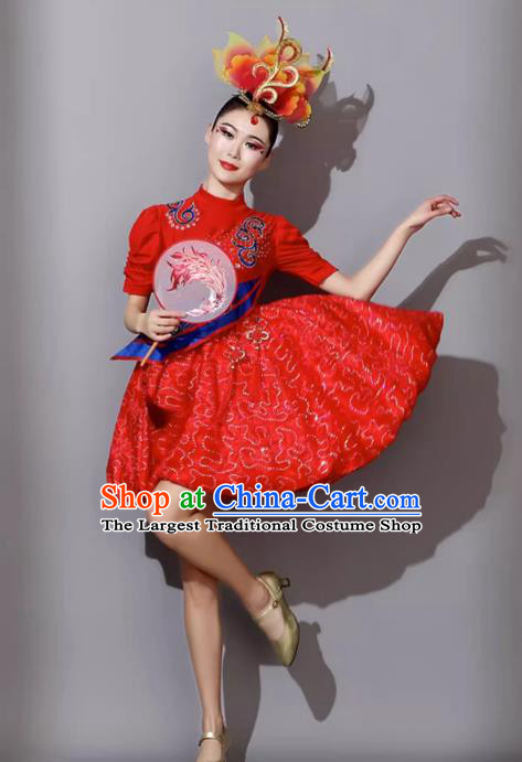 Waist Drum Costume Chinese Drum Dance Performance Clothing Female Fluffy Short Red Dress