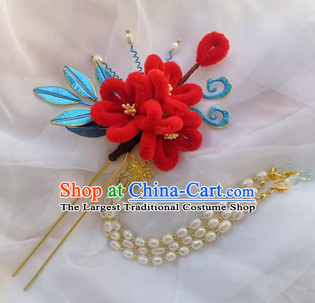 Handmade Velvet Flower Hairpin Wrapped Flowers Hanfu Hair Stick Chinese Pearl Tassel Bu Yao Step Shaking Headpiece Hair Jewelry