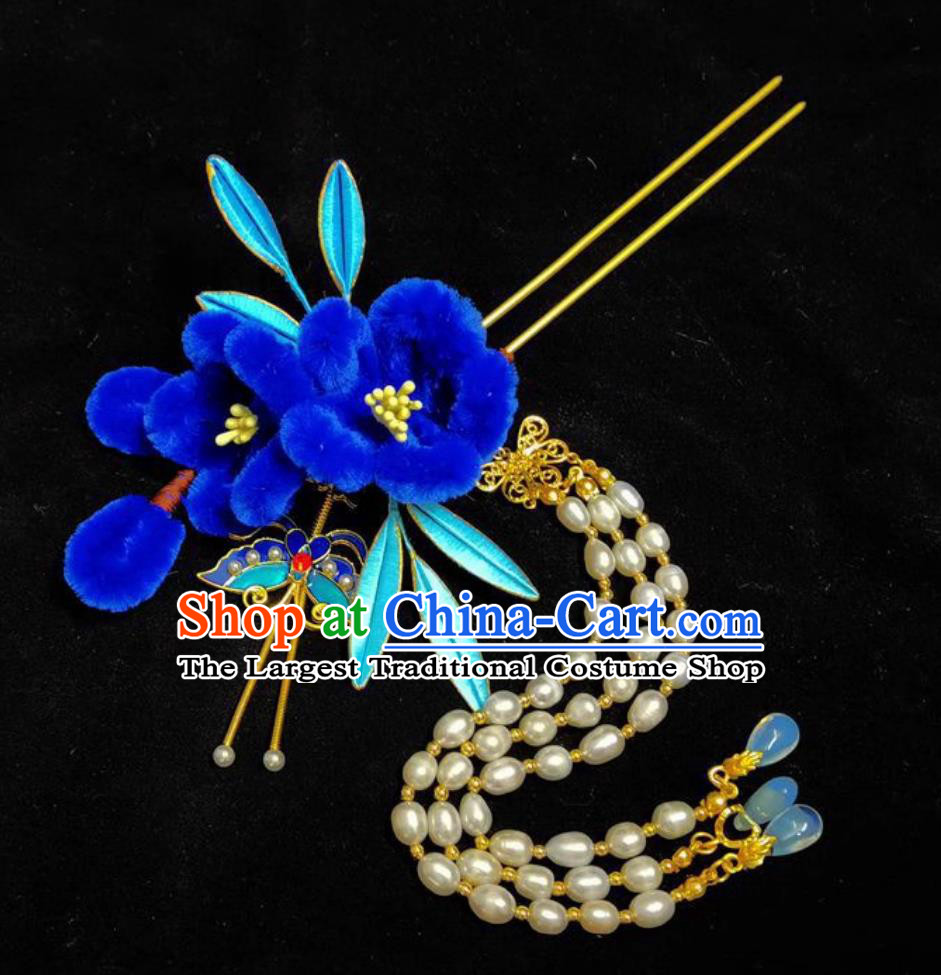 Chinese Hanfu Wrapped Flowers Hair Stick Pearl Tassel Bu Yao Step Shaking Headpiece Handmade Hair Jewelry Royal Blue Velvet Flower Hairpin