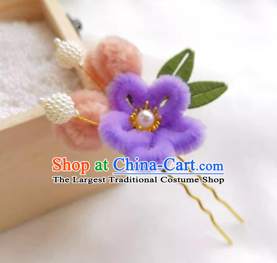 Chinese Handmade Hair Jewelry Hanfu Velvet Flower Hairpin Purple Wrapped Plum Blossom Hair Stick Traditional Headpiece