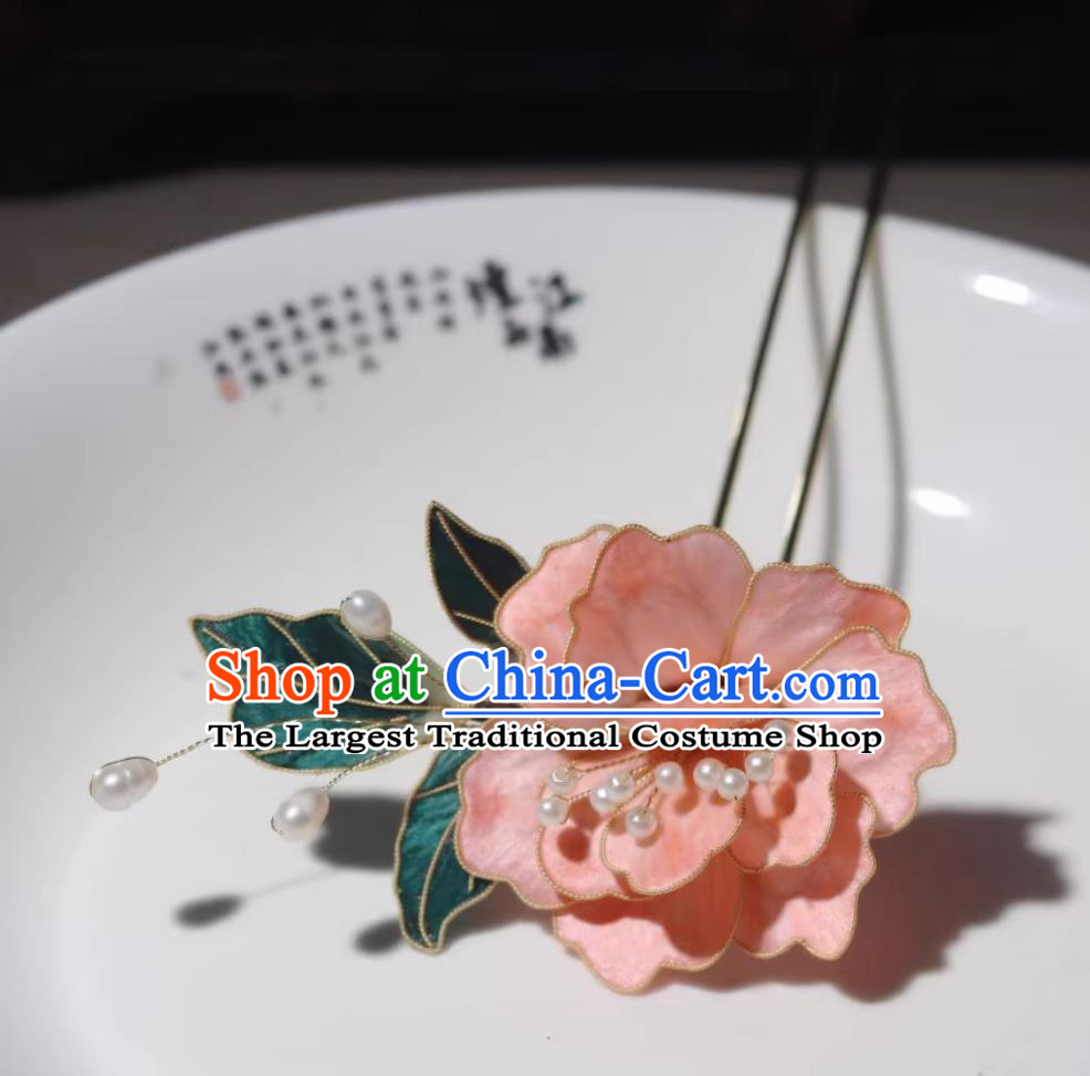 Chinese Cheongsam Hanfu Headwear Ancient Hair Jewelry Intangible Cultural Heritage Velvet Flower Hairpin Silk Pink Camellia Hair Stick