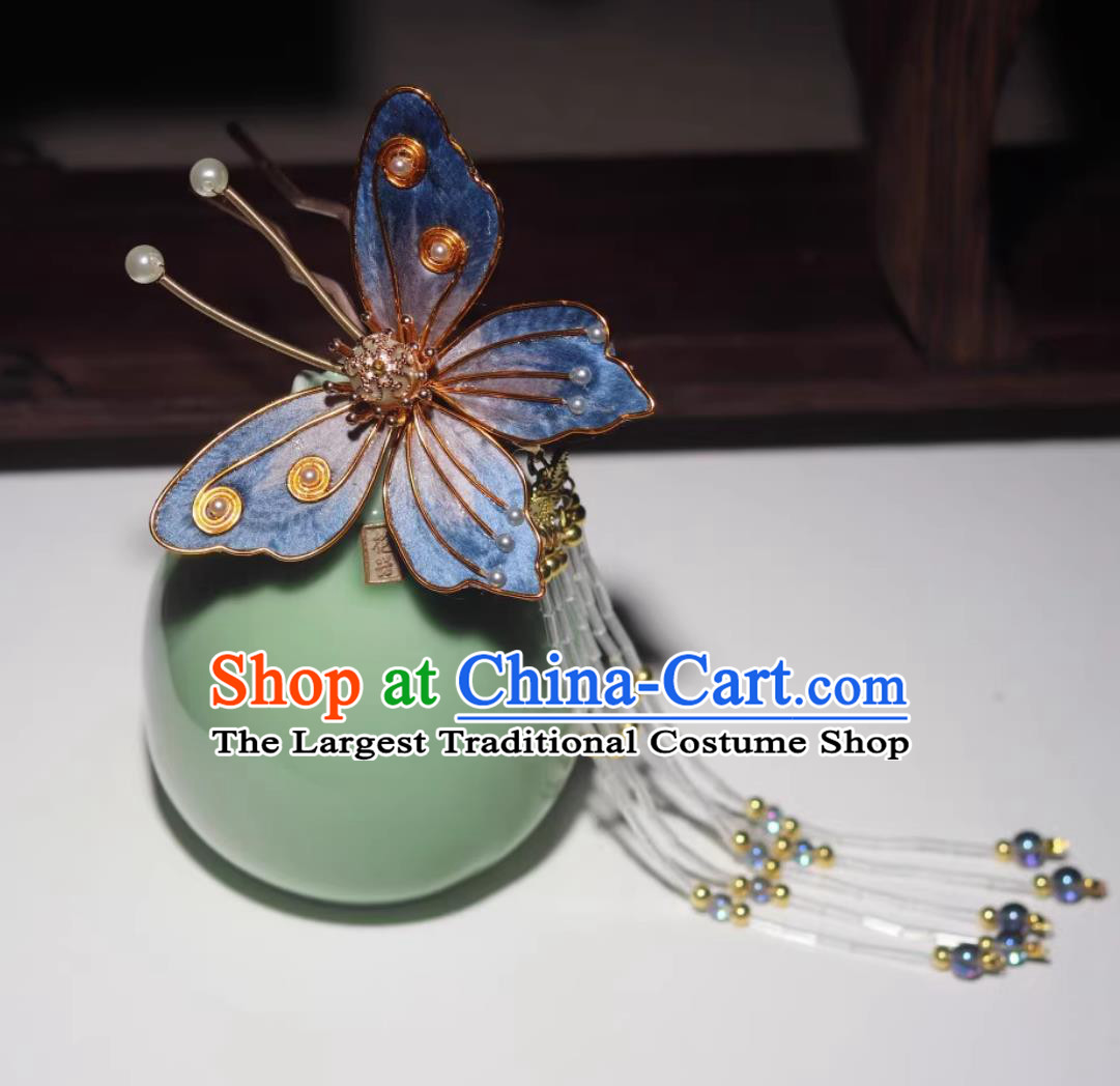 Handmade Blue Butterfly Hairpin Intangible Cultural Heritage Velvet Flower Bu Yao Tassel Step Shake Chinese Ancient Hair Jewelry Ming Dynasty Hanfu Headpiece Decoration