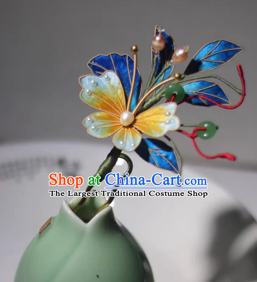 Intangible Cultural Heritage Velvet Flower Hair Stick Chinese Ancient Hair Jewelry Ming Dynasty Hanfu Headpiece Handmade Blue Butterfly Hairpin