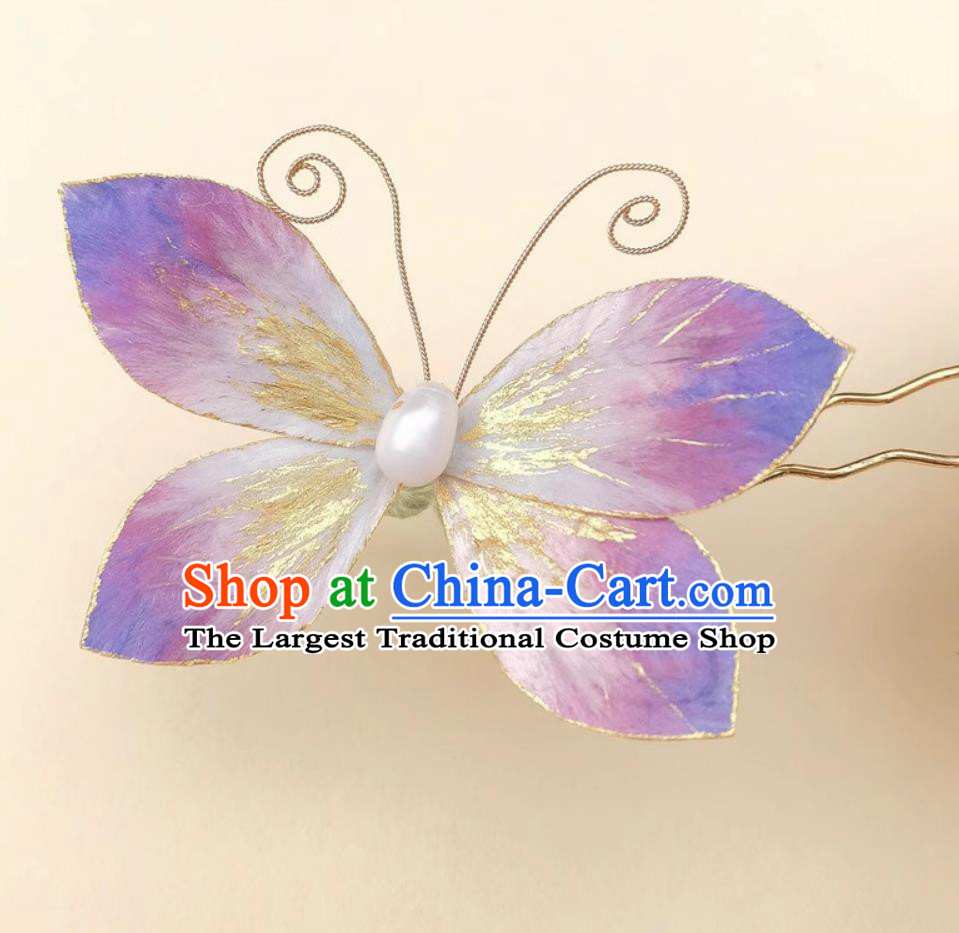 Hanfu Hair Accessory Intangible Cultural Heritage Velvet Silk Purple Butterfly Hairpin Handmade Hair Clip Chinese Qipao Headpiece