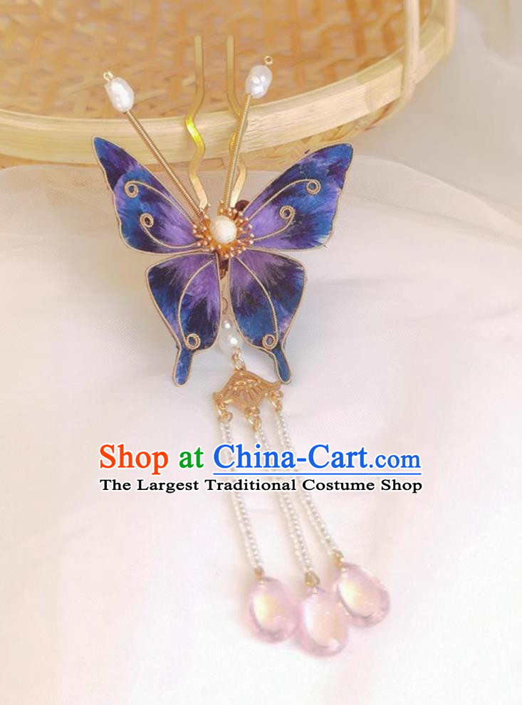 Hanfu Hair Accessory Intangible Cultural Heritage Velvet Silk Purple Butterfly Hairpin Handmade Tassel Hair Clip Chinese Qipao Headpiece