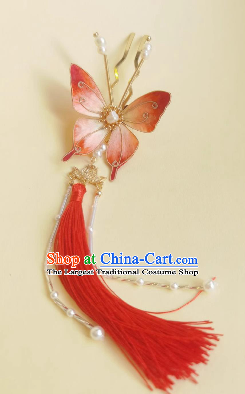 Handmade Tassel Hair Clip Chinese Qipao Headpiece Hanfu Hair Accessory Intangible Cultural Heritage Velvet Silk Red Butterfly Hairpin