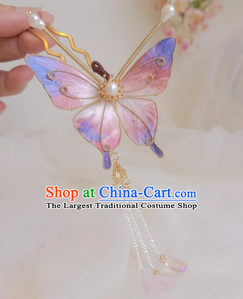 Chinese Qipao Headpiece Hanfu Hair Accessory Intangible Cultural Heritage Velvet Silk Pink Butterfly Hairpin Handmade Tassel Hair Clip
