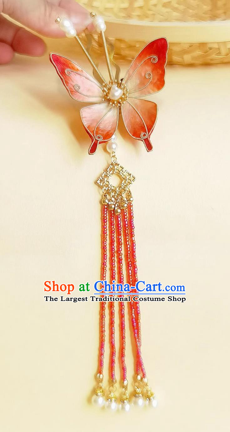 Intangible Cultural Heritage Velvet Silk Red Butterfly Hairpin Handmade Tassel Hair Clip Chinese Qipao Headpiece Hanfu Hair Accessory