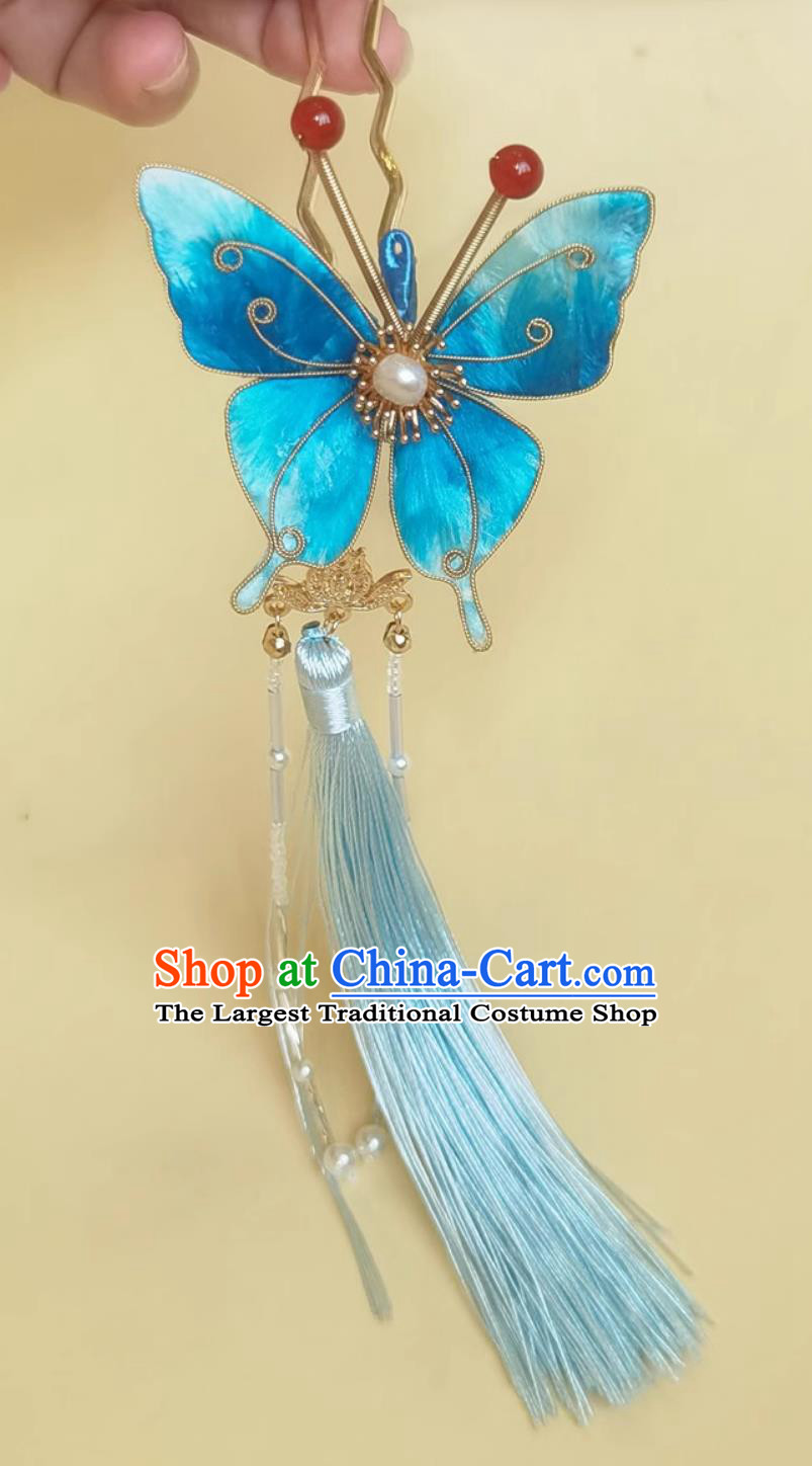 Hanfu Hair Accessory Intangible Cultural Heritage Velvet Silk Blue Butterfly Hairpin Handmade Tassel Hair Clip Chinese Qipao Headpiece