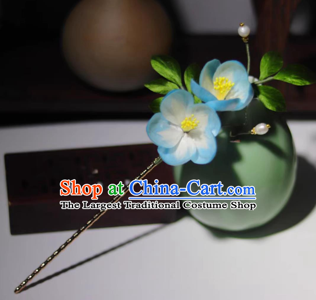 Chinese Qipao Ancient Hair Jewelry Intangible Cultural Heritage Silk Velvet Flower Hair Stick Handmade Blue Plum Hairpin Hanfu Headwear