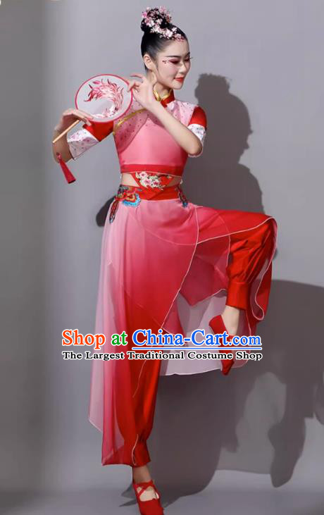 Female Jiaozhou Fan Dance Umbrella Dance Red Outfit China Classical Dance Clothing Yangge Dance Performance Costume