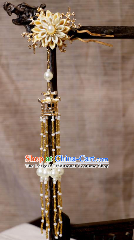 China Ancient Tang Dynasty Headwear Handmade Floral Hair Jewelry Hanfu Tassel Hairpin