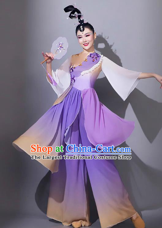 Classical Dance Performance Attire Chinese Woman Solo Dance Purple Outfit Yangge Dance Costume Art Examination Fan Dance Costume