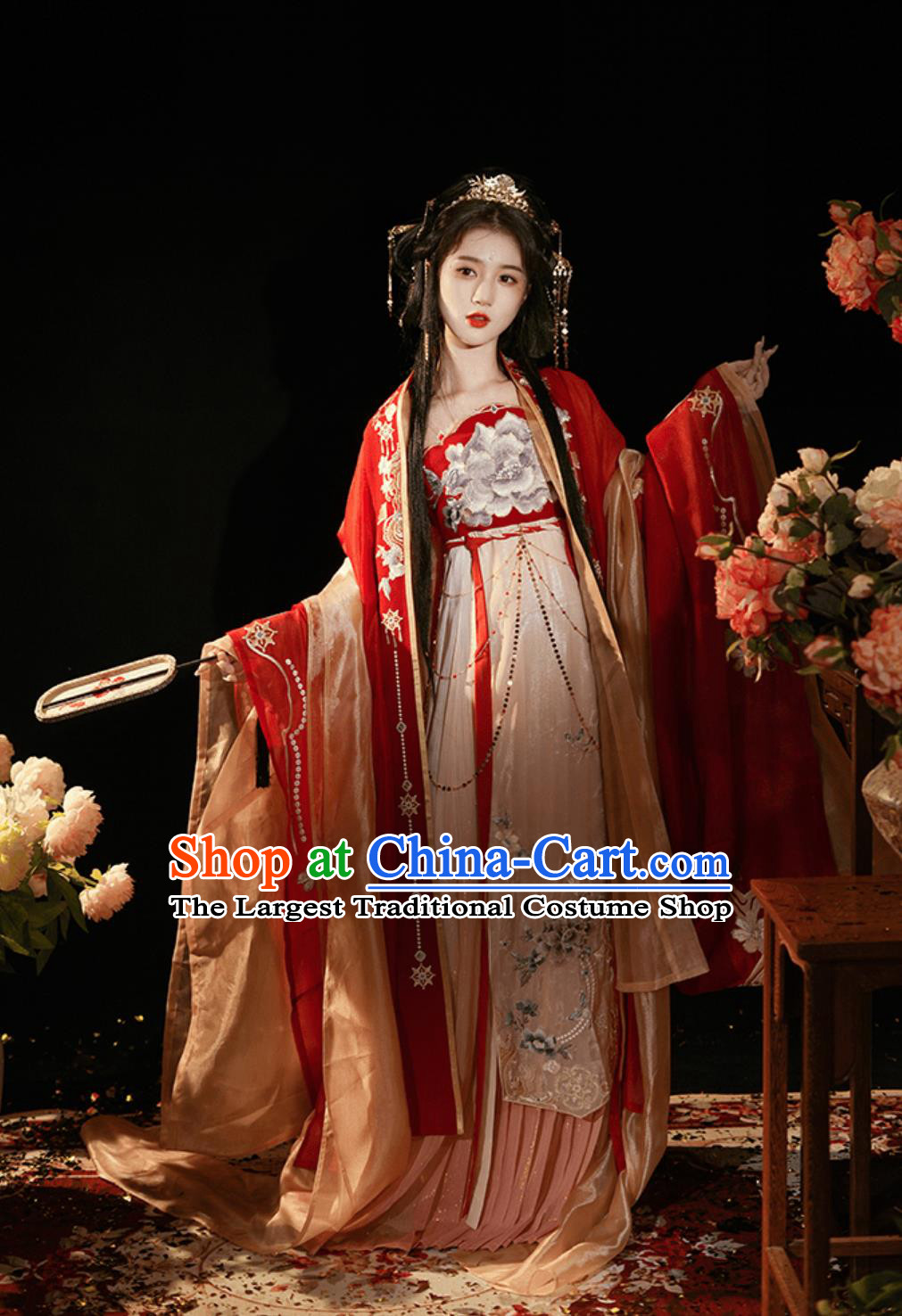 Twelve Flower Goddess Hanfu China Tang Dynasty Wedding Costume Red Hezi Qun Red Embroidered Large Sleeve Attire Ancient Chinese Princess Peony Clothing