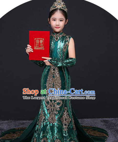 China Spring Festival Gala Performance Clothing Green Children Dress Top Model Runway Evening Dress Sequined Fish Tail Costume