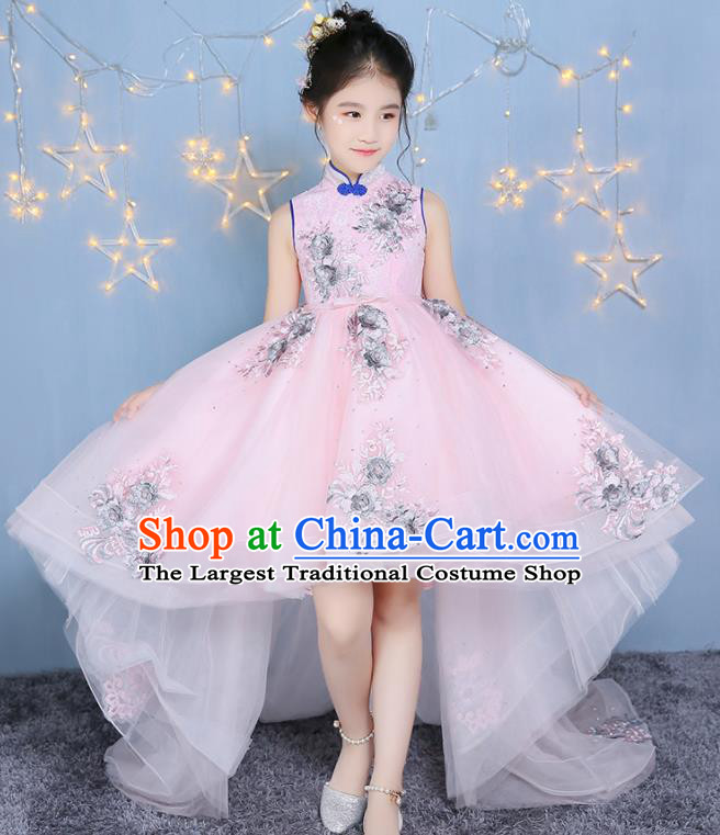 Girl Model Runway Dress Chinese Children Clothing Pink Princess Dress Piano Playing Performance Costume