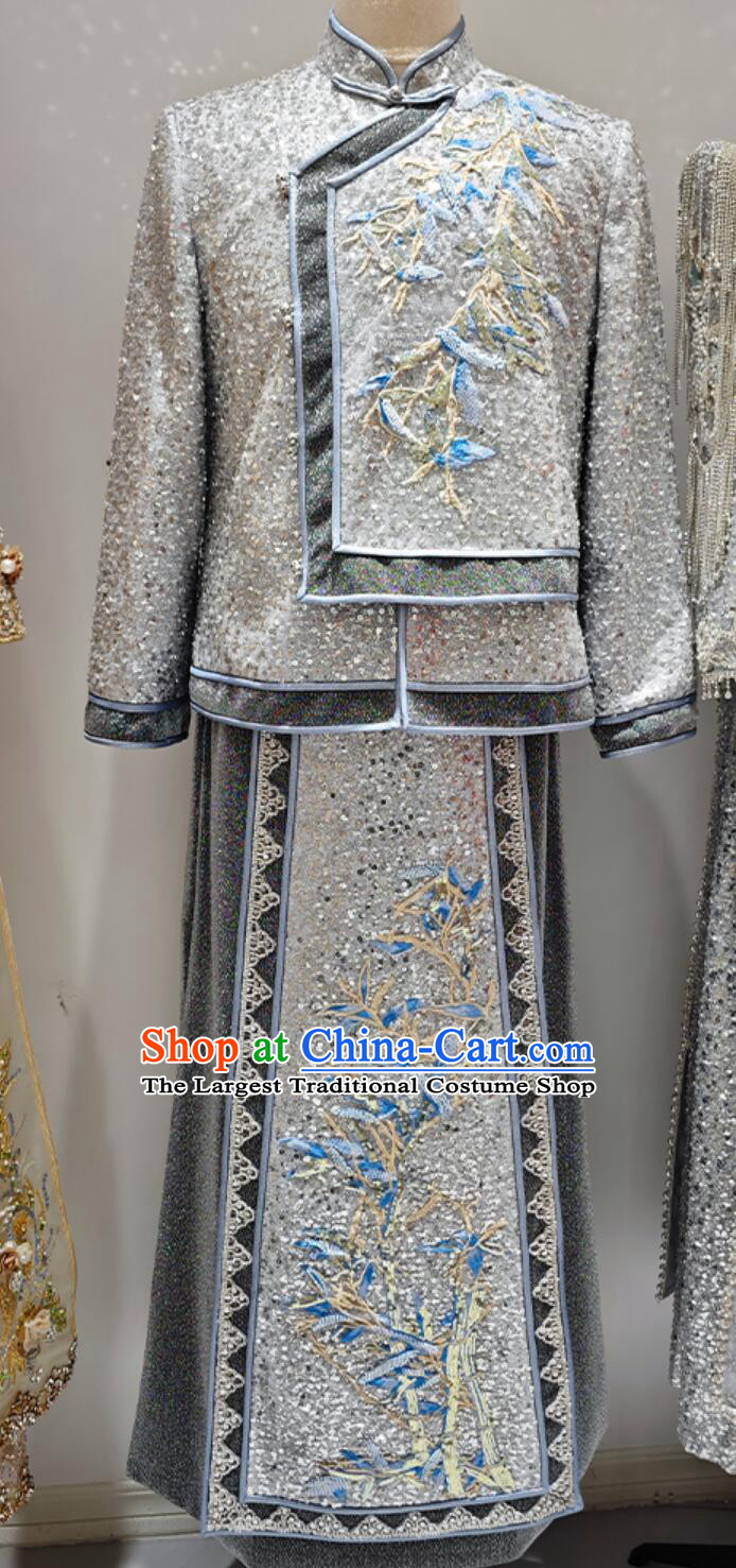 Chinese Traditional Wedding Male Grey Outfit Tang Suit Embroidered Mandarin Jacket and Long Robe Ancient Groom Clothing