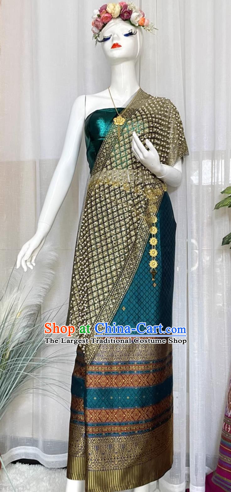 China Dai Ethnic Woman Clothing Xishuangbanna National Minority Costume Thailand Traditional Peacock Blue Top and Skirt Outfit