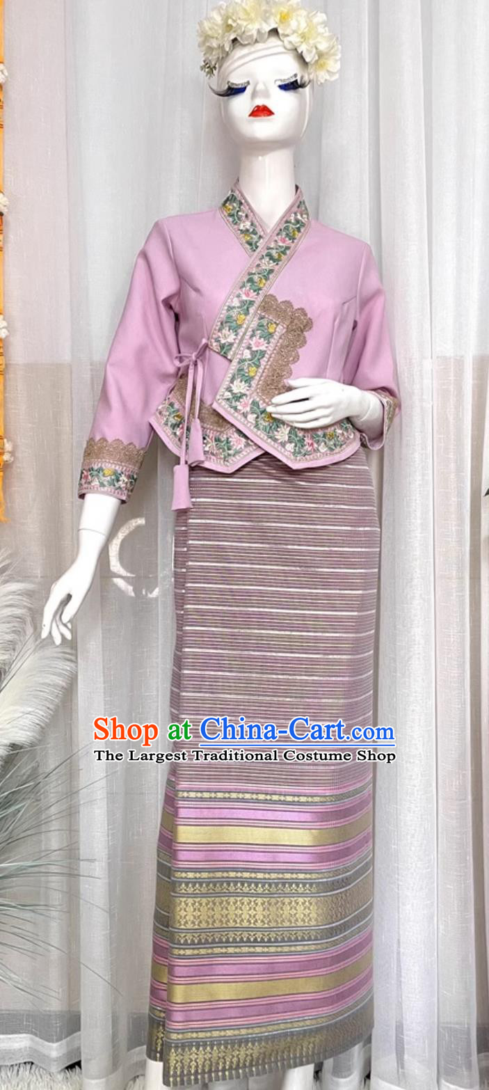 Thailand Traditional Pink Shirt and Skirt China Dai Ethnic Water Splashing Festival Set Xishuangbanna National Minority Clothing