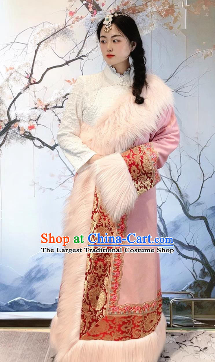 China Xizang Ethnic Stage Performance Clothing Woman Pink Tibetan Robe Zang Nationality Winter Costume