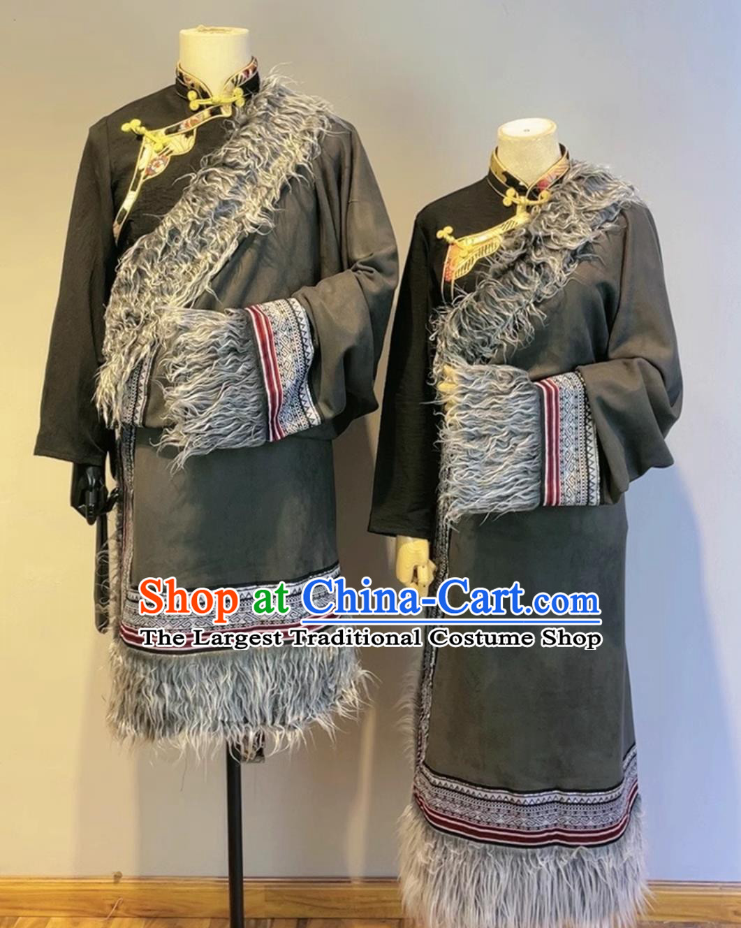 China Xizang Ethnic Stage Performance Clothing Tibetan Couple Robes Zang Nationality Winter Suede Costumes