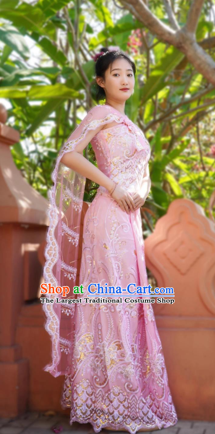 Thailand Water Splashing Festival Dance Pink Top And Long Skirt China Xishuangbanna Dai Sleeveless Costume Dai Ethnic Woman Clothing