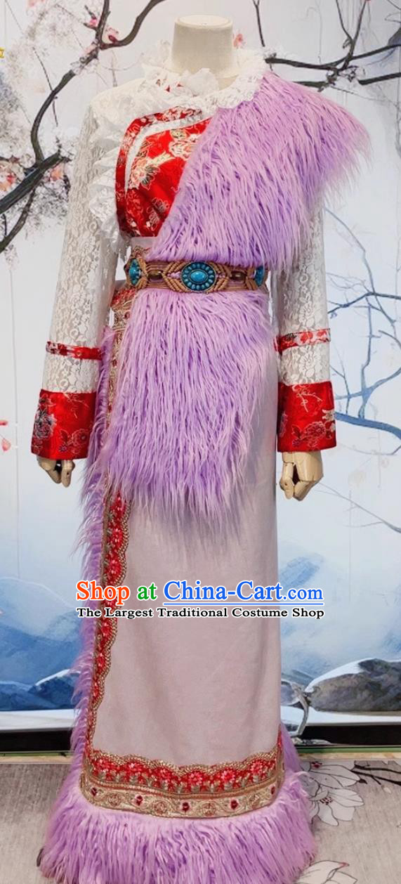 China Woman Purple Tibetan Robe Zang Nationality Costume Xizang Ethnic Stage Performance Clothing