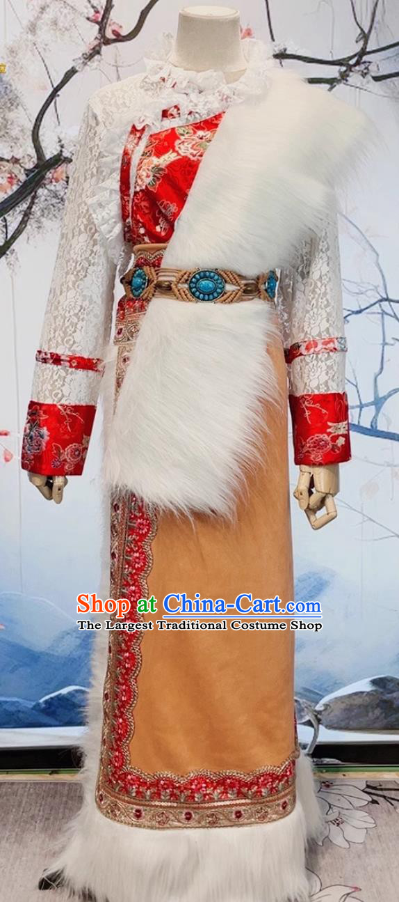 China Xizang Ethnic Stage Performance Clothing Woman Folk Dance Tibetan Robe Zang Nationality Costume