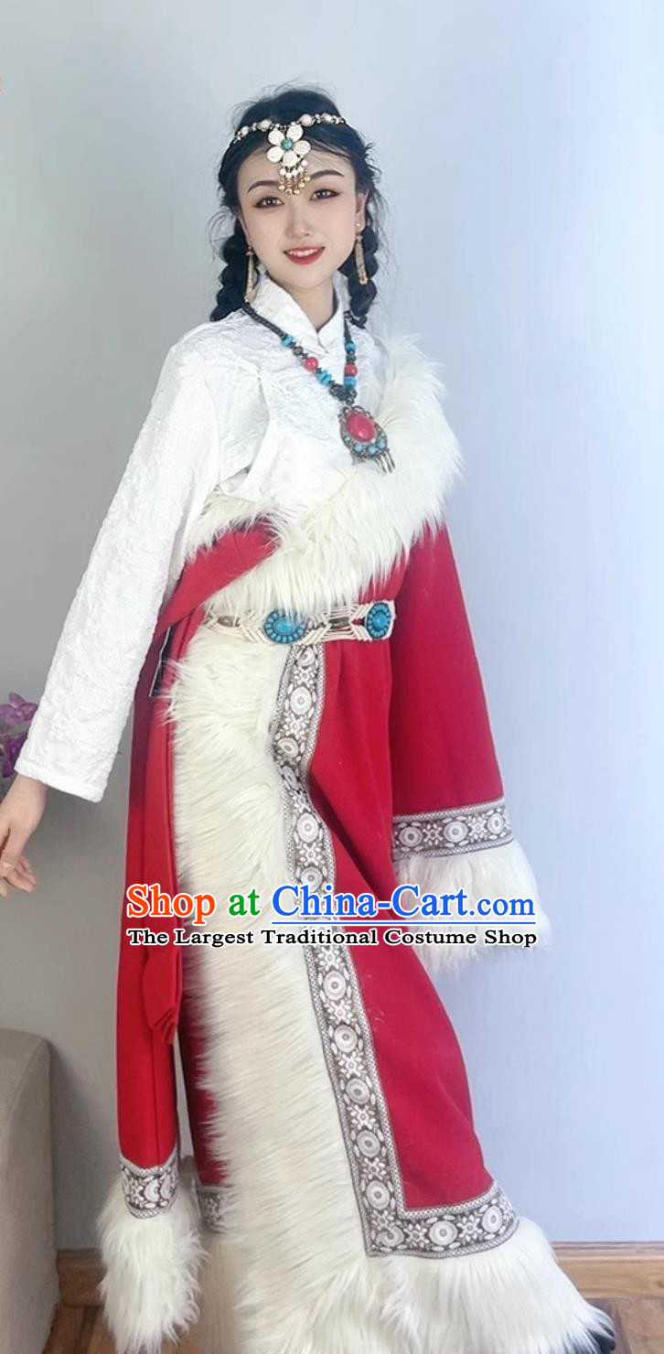 China Woman Red Tibetan Robe Zang Nationality Winter Costume Xizang Ethnic Stage Performance Clothing