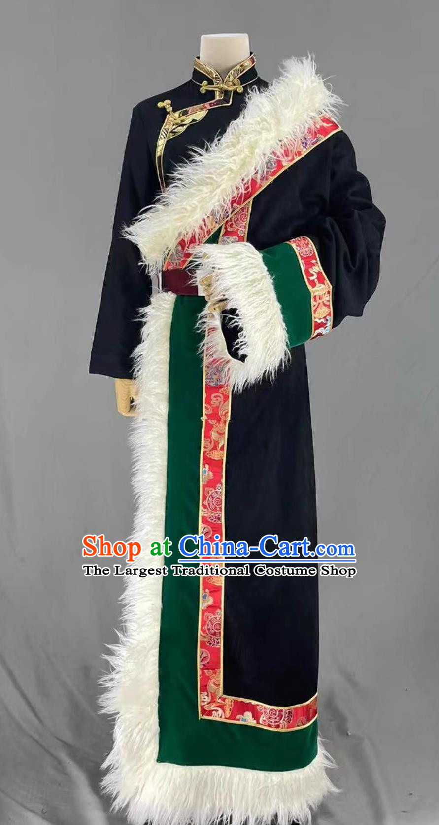 China Xizang Ethnic Woman Clothing Stage Performance Black Tibetan Robe Zang Nationality Winter Costume