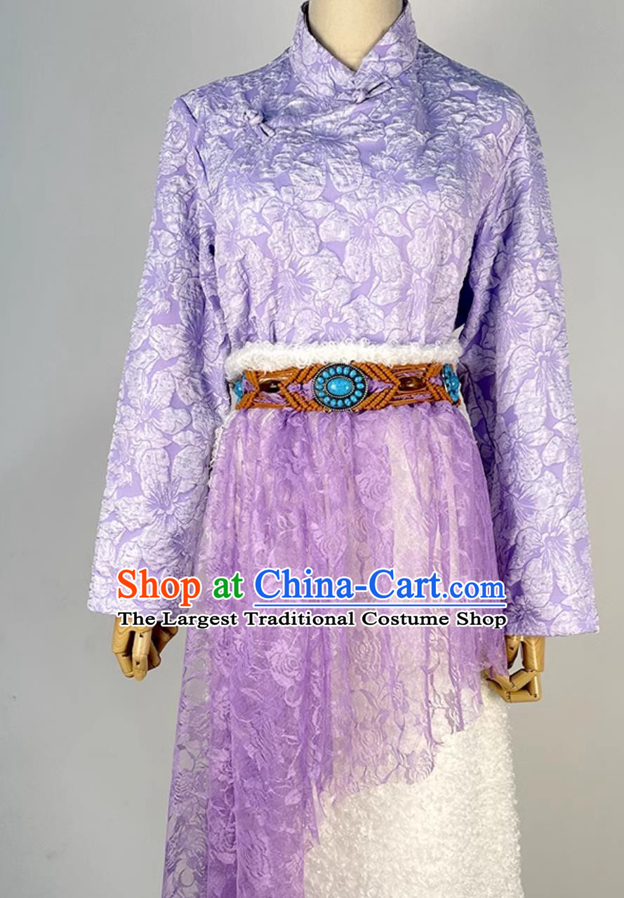 China Zang Nationality Folk Dance Costume Xizang Ethnic Woman Clothing Stage Performance Purple Tibetan Suit