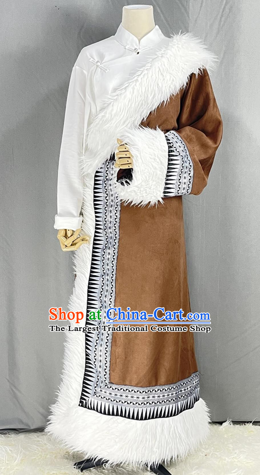 China Stage Performance Brown Tibetan Robe Zang Nationality Folk Dance Costume Xizang Ethnic Woman Clothing