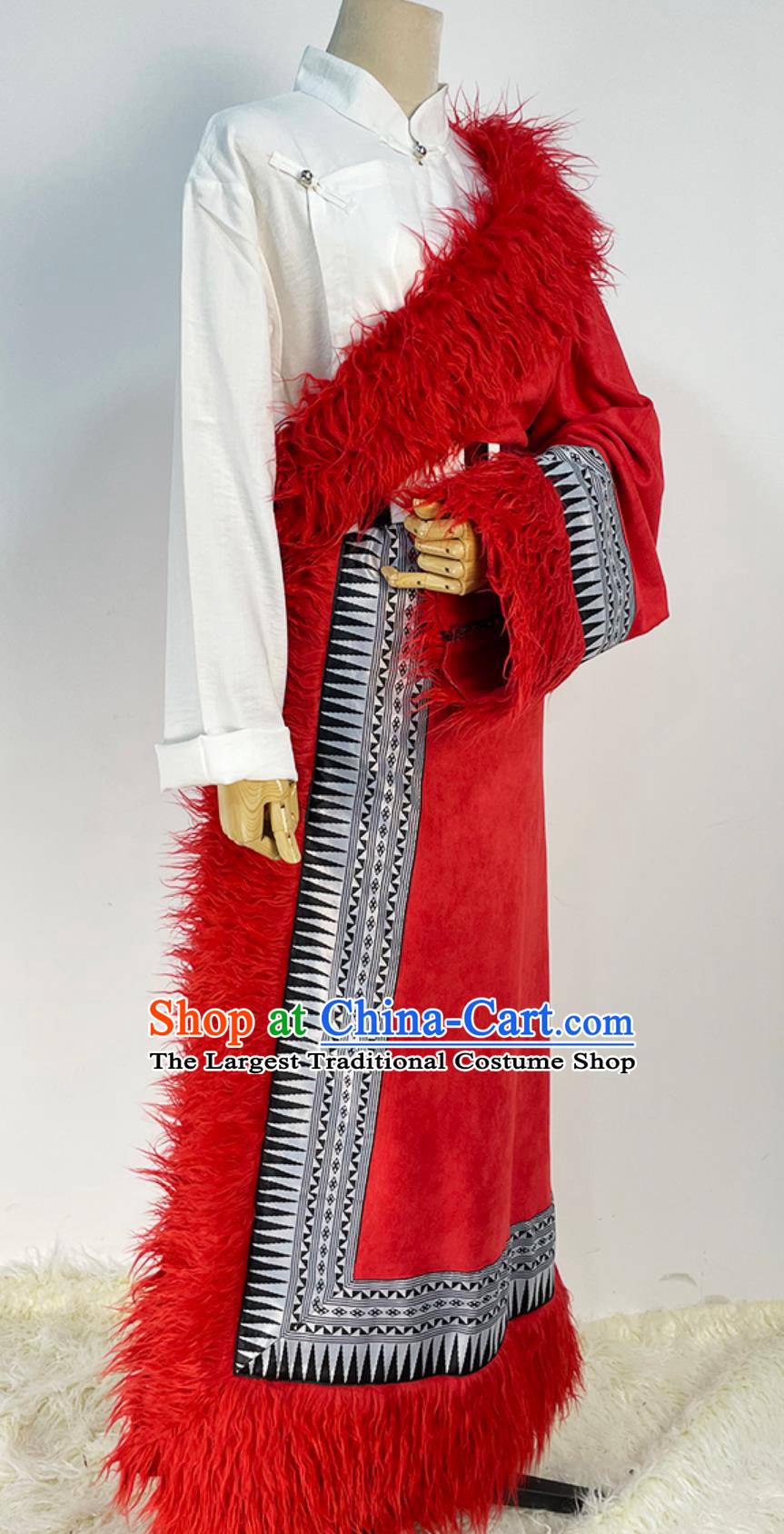 China Xizang Ethnic Woman Clothing Stage Performance Red Tibetan Robe Zang Nationality Folk Dance Costume