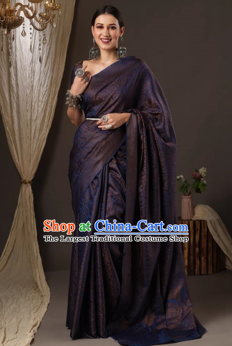 India Festival Clothing Indian National Costume Dark Blue Dress Traditional Woman Sari