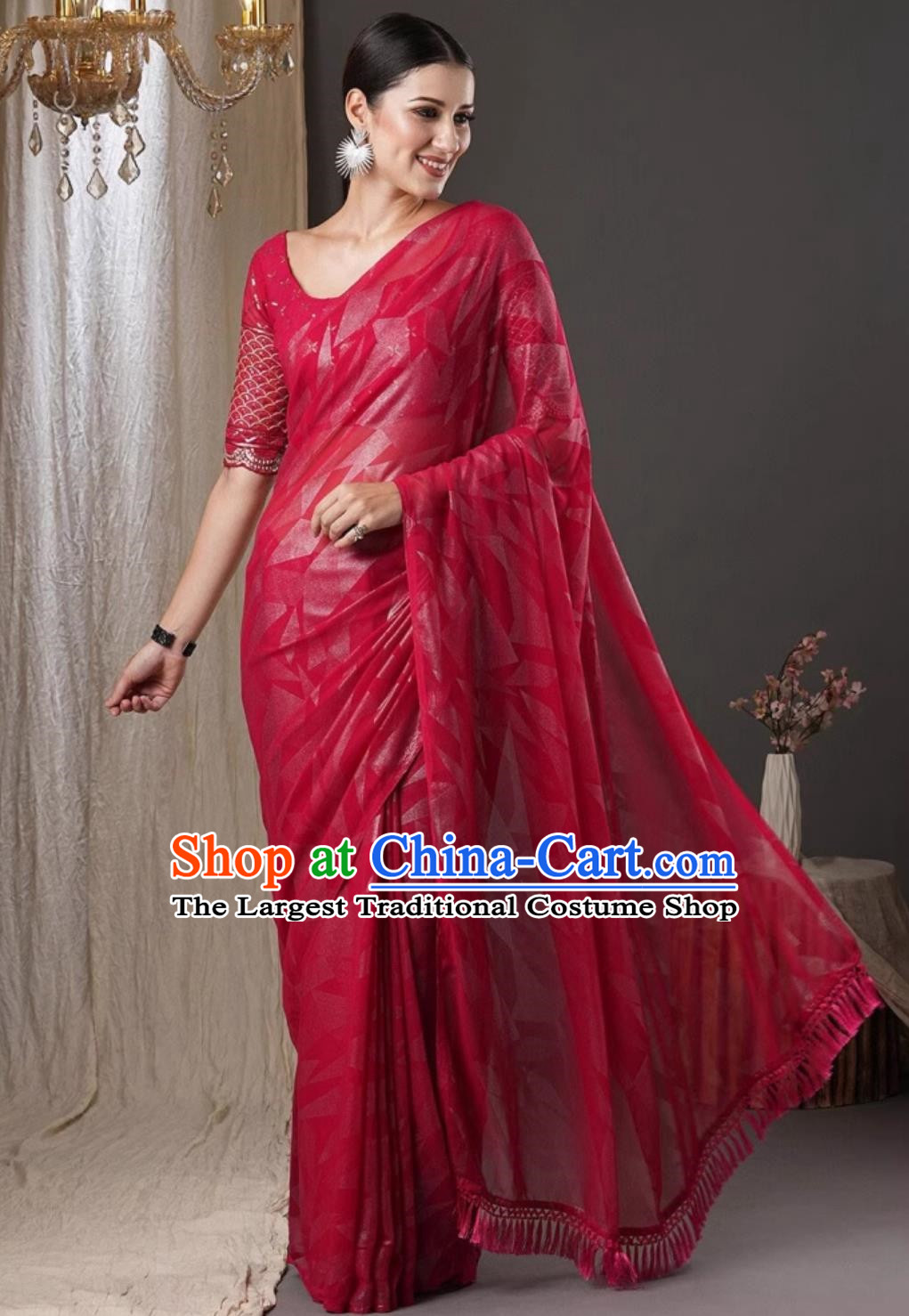 Indian Traditional Wedding Red Dress Woman Sari India Festival Clothing National Costume