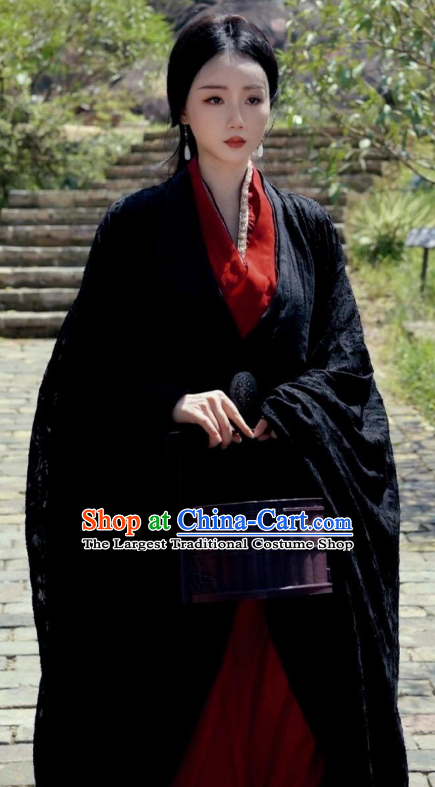 Ancient China Swordswoman Costume Black Warring States Robe Chinese Han Dynasty Noble Woman Hanfu Clothing
