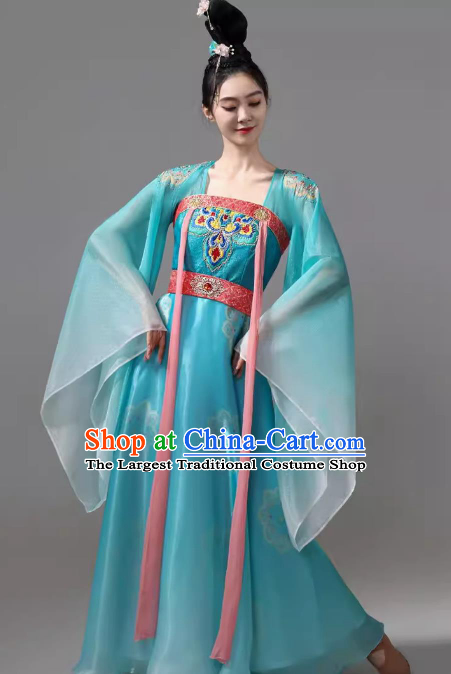 Ancient Chinese Clothing Classical Dance Blue Dress Traditional Hanfu Wide Sleeve Costume