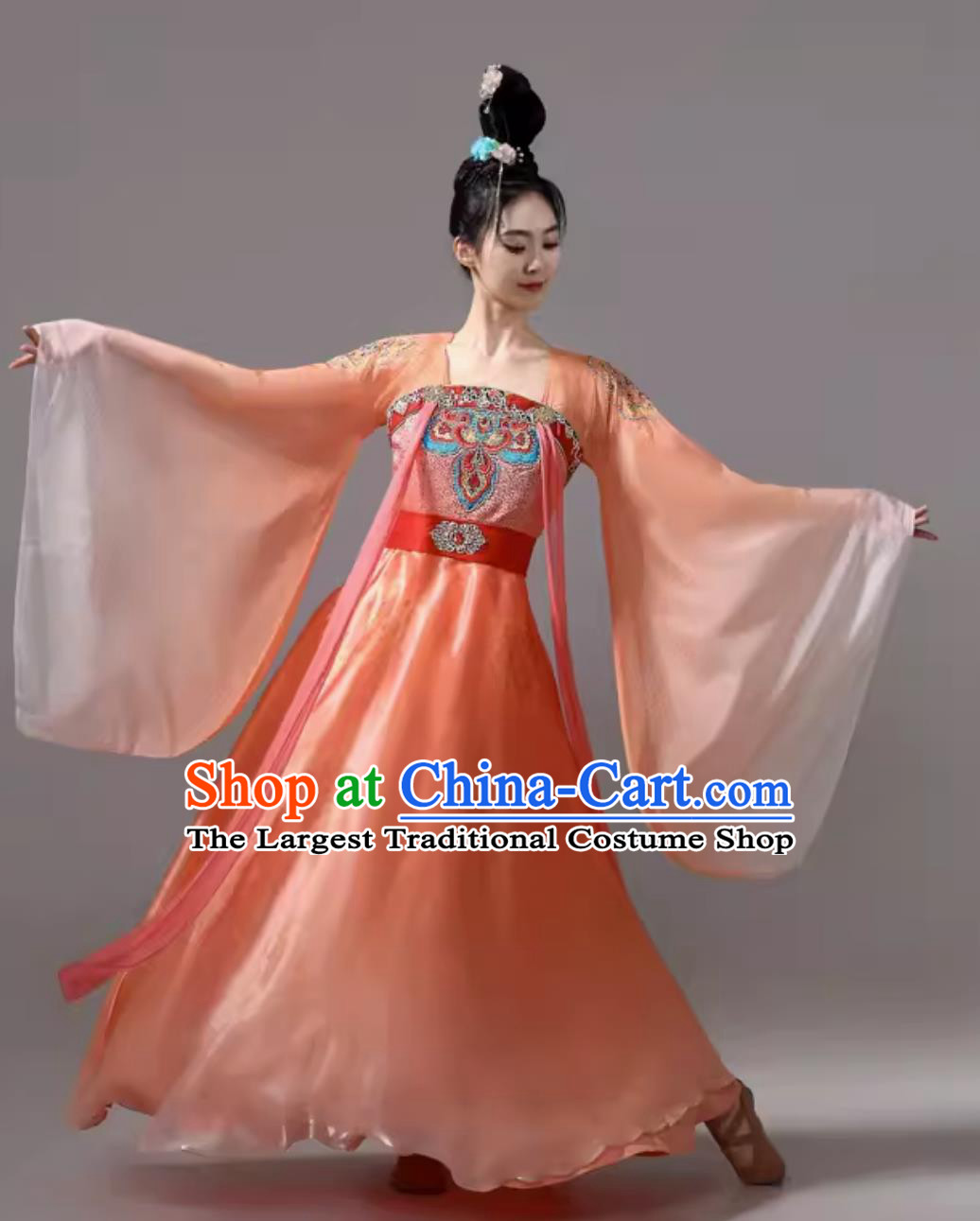 Traditional Hanfu Wide Sleeve Costume Ancient Chinese Clothing Classical Dance Orange Dress