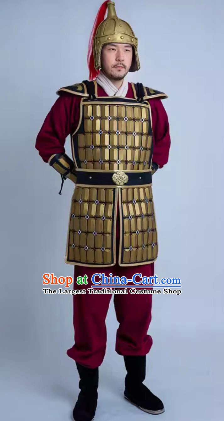 Traditional Stage Performance Warrior Costume China Qin Dynasty Hero Golden Armor and Helmet Ancient Chinese Clothing