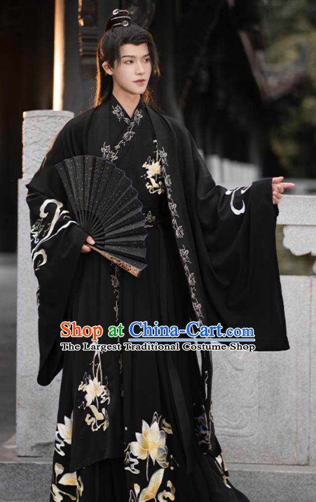 China Jin Dynasty Swordsman Clothing Ancient Chinese Young Man Costume Traditional Hanfu Black Outfit for Male